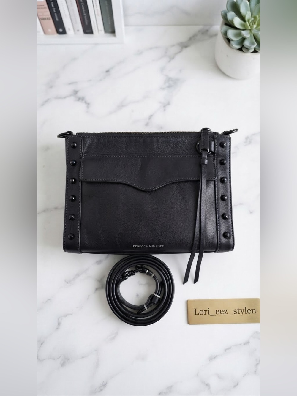 Rebecca Minkoff Black Studded Leather Crossbody Bag with Tassel